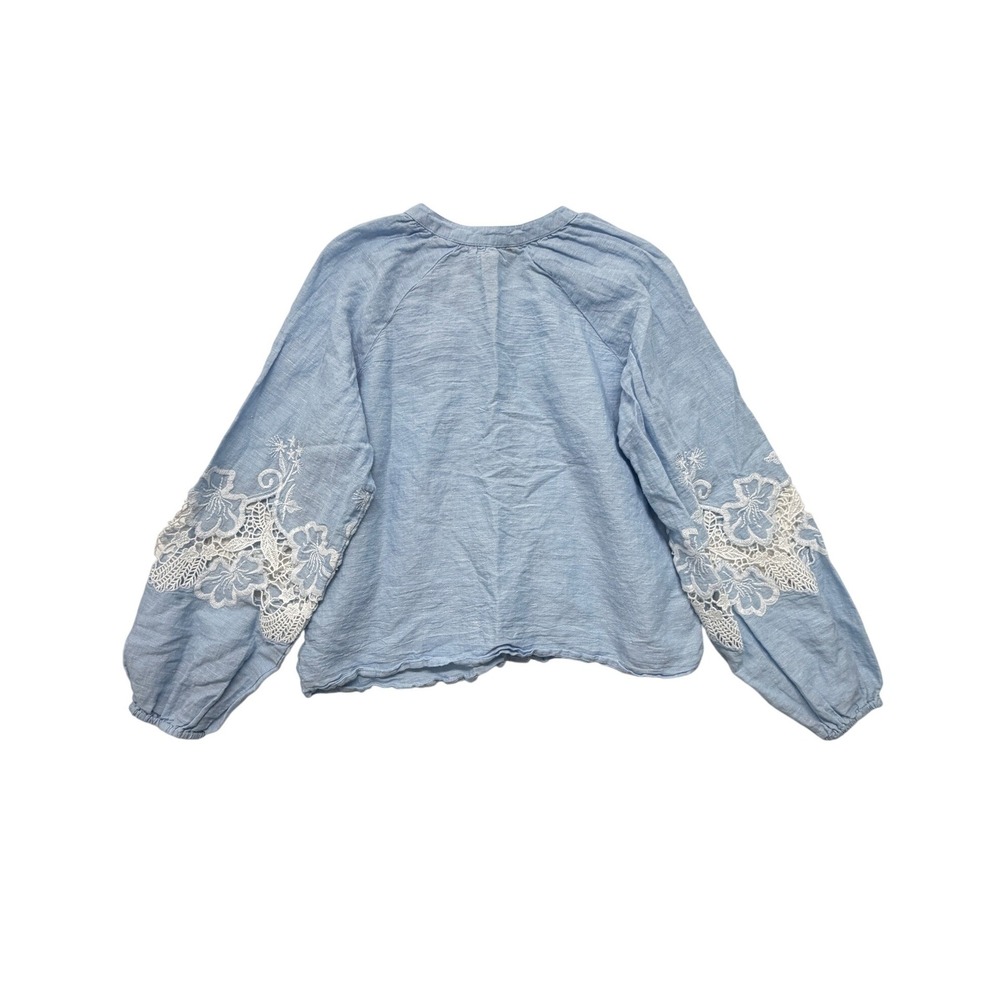 Charlie B Women Blue Cotton Linen Lace Embroidery Sleeve Button Up Blouse P S - Picture 8 of 11